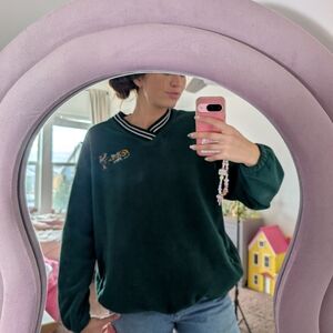 Green Fleece Vneck Retro Women's Sweater Size Large